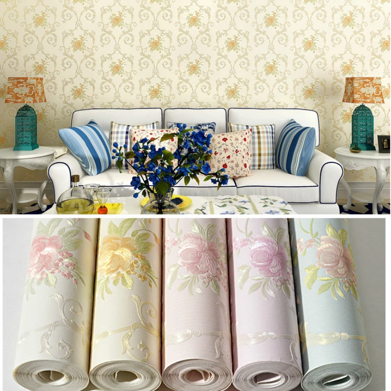 Papel tapiz no tejido autoadhesivo 5M flor DAMASK pegatina de pared flocada en relieve Foto 2 de 4