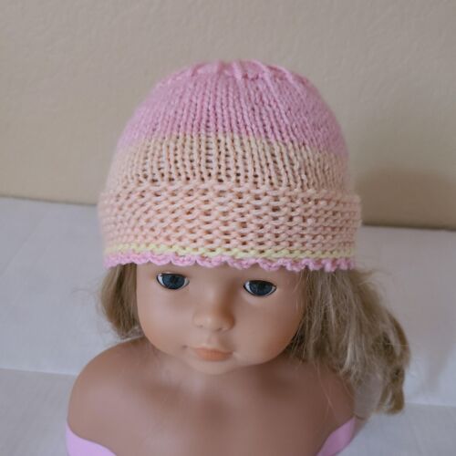 Baby Girl Knit Beanie Hat Handmade Pink Orange Yellow Size 1-3 Months - Afbeelding 1 van 9