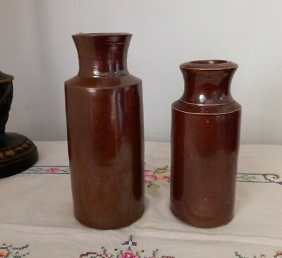Two Large Vintage Stoneware Ink Pots in Brown
