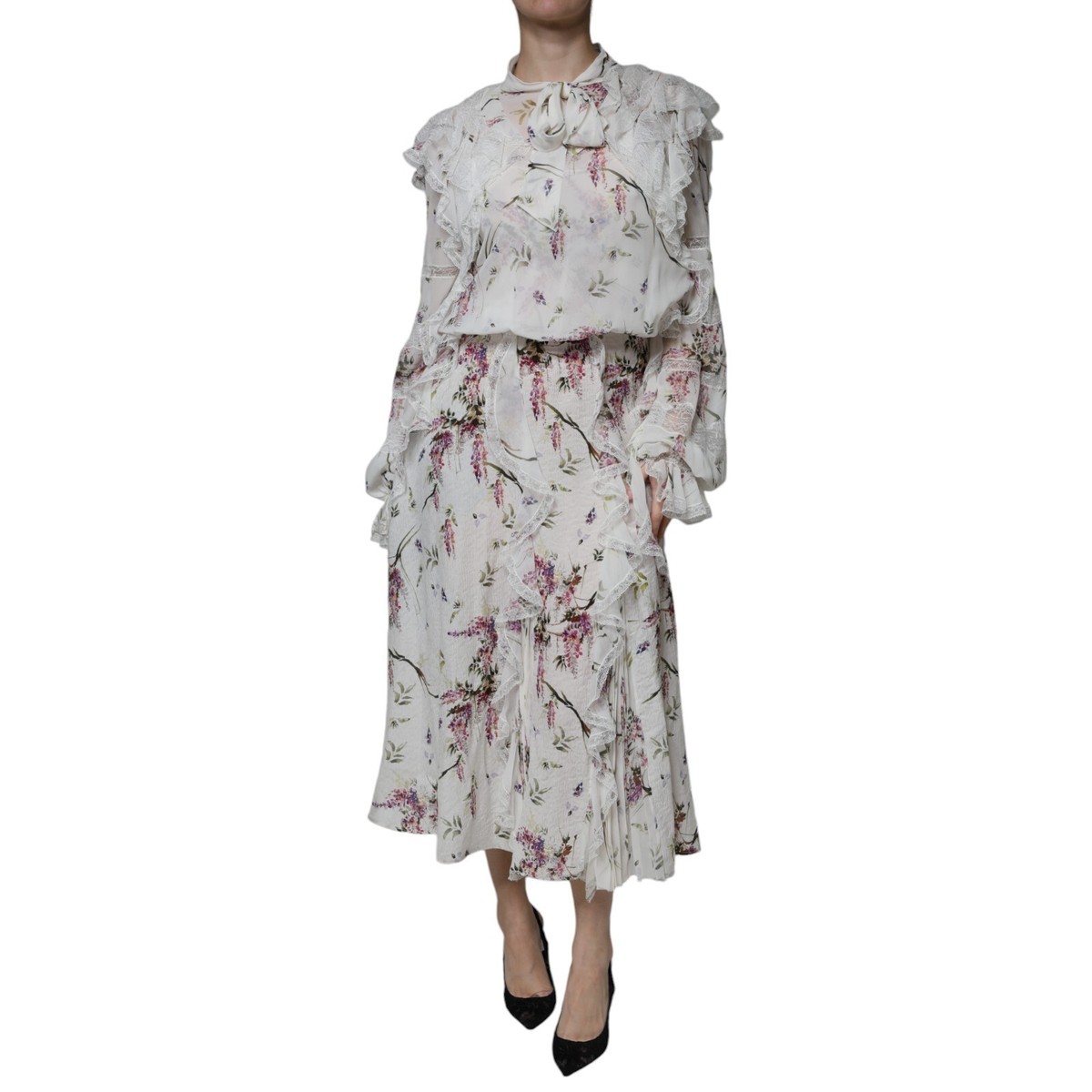 ERMANNO SCERVINO Dress White Floral Ruffles Lace Long Sleeves Maxi  IT44/US10/L 4 | eBay