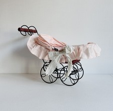 Vintage Miniature Doll Carriage Pram with Pink Fabric Cover-Metal Frame-10 Tall