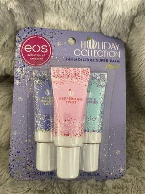 3 pk Eos Lip Balm Holiday Peppermint Marshmallow Cookies Moisture Super .24 Oz