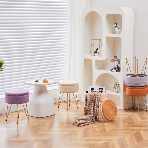 Velvet Storage Ottoman round Footrest Stool Multifunctional Upholstered Ottoman - Picture 5 of 12