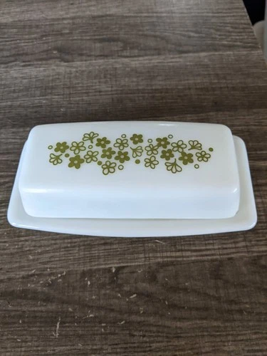 PYREX VINTAGE SPRING BLOSSOM GREEN MILK GLASS BUTTER DISH WITH LID FREE USA SHIP