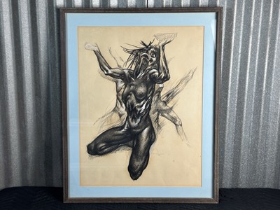 Dramatic Female Nude Charcoal Drawing Expressionist Torso Study Framed Signed