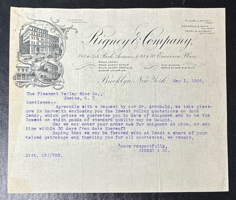 BROOKLYN, NY ~ RIGNEY & Co., Rock Candy & Syrups ~ Illus. Letterhead 1905
