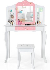 Kids Vanity Wooden Princess Makeup Dressing Table W/ Stool & Drawer Tri-Folding