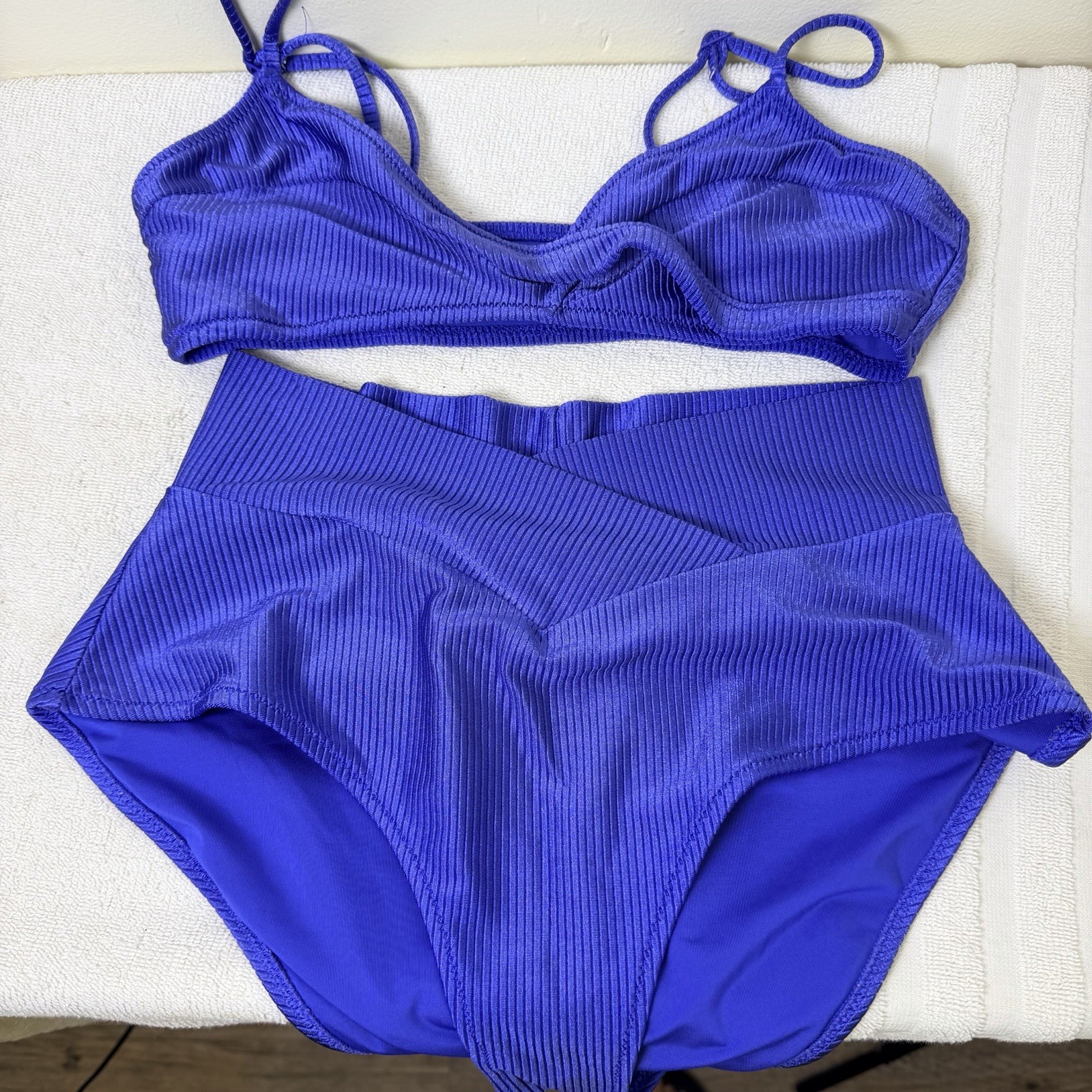 Aerie Blue Ruffle Scoop Top High Cut Cheeky Bikini Swimsuit Set Sexy Vacation M