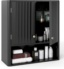 Fluted Bathroom Wall Cabinet, Modern Double Door Medicine Cabinet W/Open Shelf &