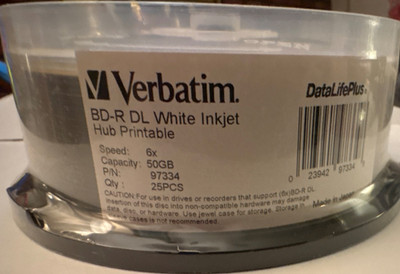 Verbatim DataLifePlus BD-R DL 50GB 6x Recordable Inkjet Hub Printable 25pk 97334