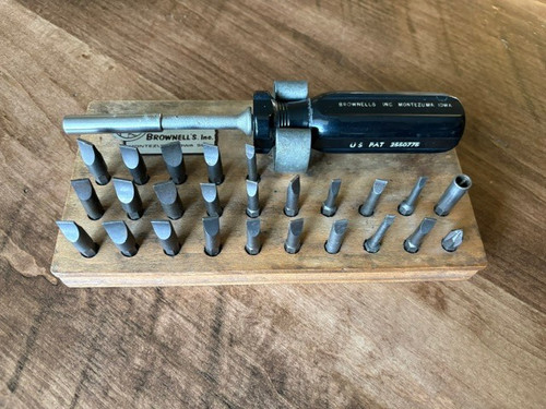Brownells Vintage Magna Tip Screwdriver Bit Set with Wooden Tray Black Handle