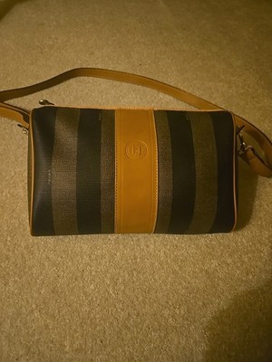 VTG Auth. Fendi PEQUIN Brown/black/Rust Trim Stripe XBody Bag/replaced Strap/XGC