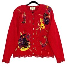 VTG Susan Bristol Womens Sweater M Red Embroidered Floral Cardigan 90s Grandma
