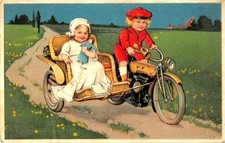 PFB~Victorian Boy & Lil Girl on Motorcycle Ride~Sidecar~Country Lane~Emboss~7318