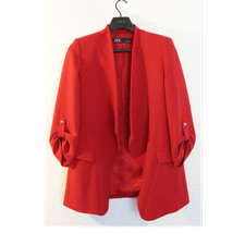 Zara Women s Red Solid Lined Long Open Front Long Sleeve Blazer Jacket Size M