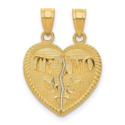 14k Yellow Gold Two-piece Break-Apart Diamond-cut TE AMO Heart Pendants 1.13 g