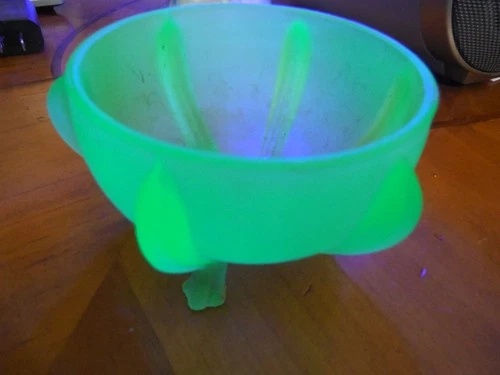 Deco  Green Depression Uranium Glass Footed Dish Glows