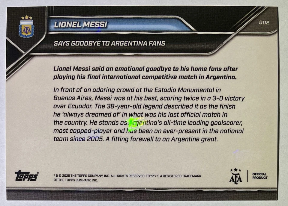 Folha de ouro 2025 Topps Now Lionel Messi Says Goodbye To Argentina Fans /50 - Imagem 2 de 2