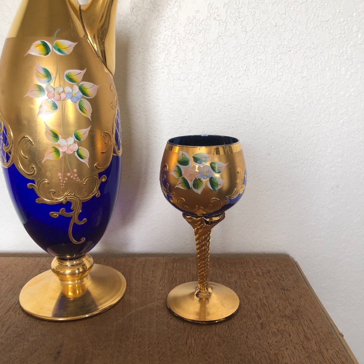 Murano Venetian Blue Glass Decanter 24Kt Gold Lf Hand Painted 5