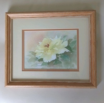 Gerahmtes Original Aquarell gelbe Rose von Margaret Thompson H284 B340 mm sehr guter Zustand