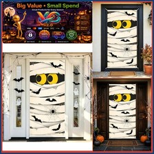Halloween Door Cover 71 x 35 Inch Mummy Banner Yellow Eyes Bats Spiders Decor