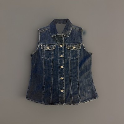 Chico's 1 Platinum Women' Denim Button Down Vest Decorative Embellished Pockets