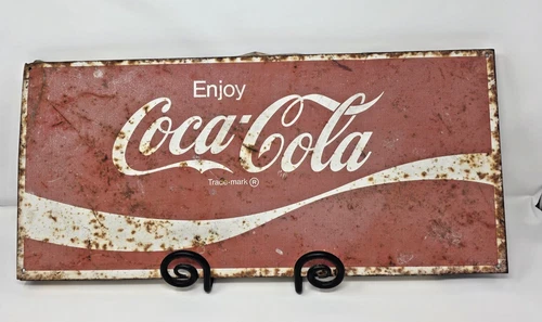 Vintage Coca-Cola Metal Sign 22x10 Original Red Script Wave Enjoy Coke Trademark