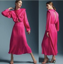Farm Rio Long Sleeve Satin Cutout Maxi Dress Bright Pink Size Large Lace Up