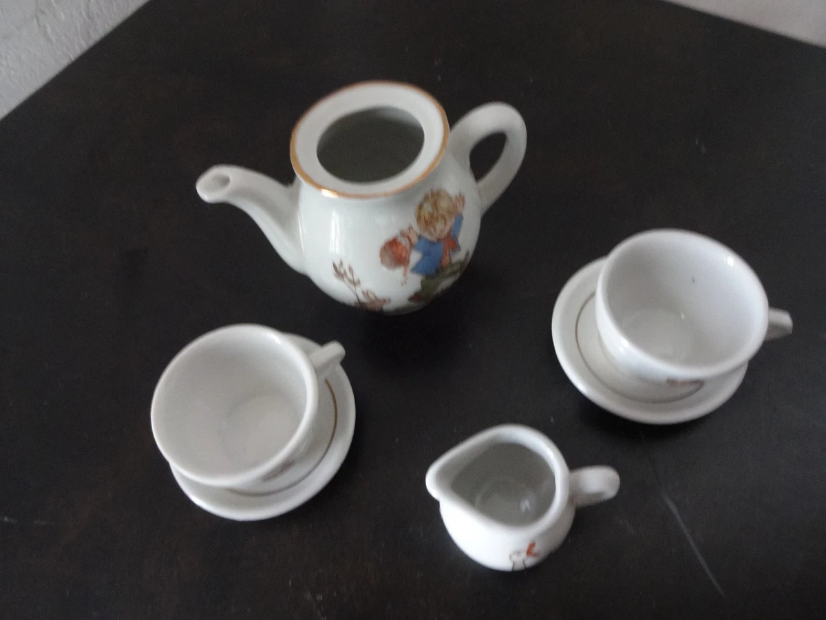 Dinette En Porcelaine Blanche – Décor Fillette Et Chaton, Milieu XXème, Jouet Vintage
