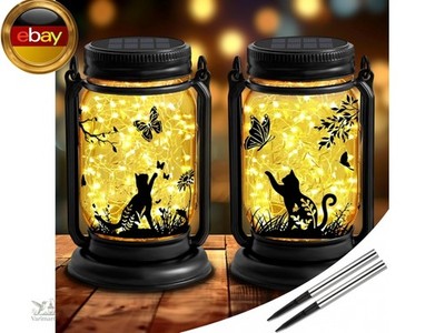 2 Pcs Katzen Solarlaterne Außen Gartendekor, 3-in-1 Katze Maurer Glas hängende L