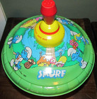 1982 Smurf 8.5" Metal Top Spinning Toy Wood Handle PEYO GREAT GRAPHICS & COLOR — photo 2