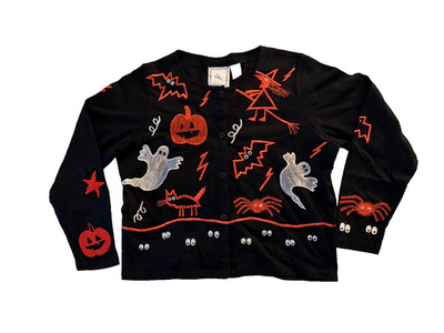 Vintage Black Michael Simon Lite Halloween Embroided Cardigan Top Size Small