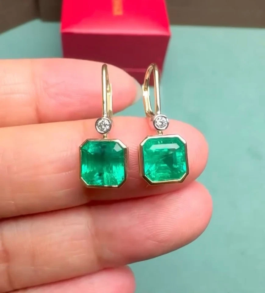 Pendientes de esmeralda de laboratorio con palanca trasera de diamantes para mujer Pendientes de esmeralda de corte Asscher Foto 4 de 4
