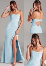 NWT Azazie Leonis Sky Blue Sheath Strapless Chiffon Convertible Dress SZ A6