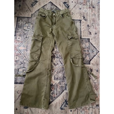 Zara Womens US 2 Olive Green Y2K Cargo Pants Wide Leg Low Rise Utility
