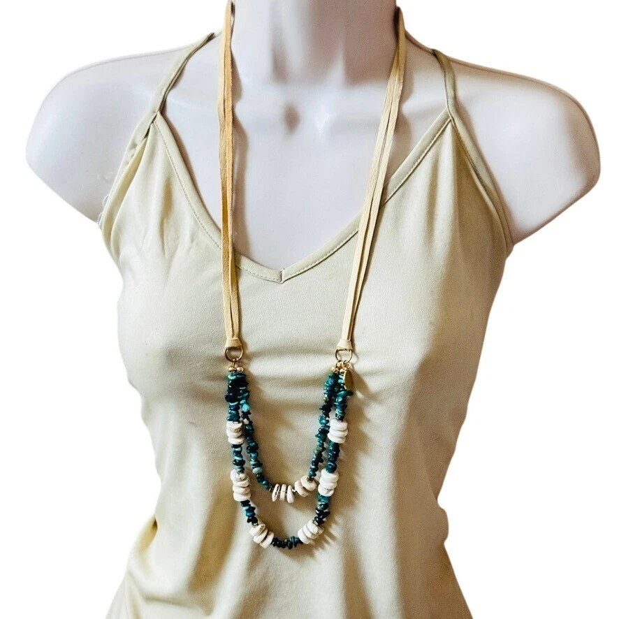 Perle by Lola Necklace Blue Turquoise Genuine beaded Collar Designer BOHO 43"L - Image 2 of 4