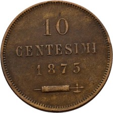 San Marino 10 Centesimi 1875 Copper 10g Genuine Coin #EDA231