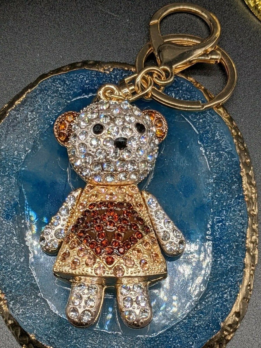 *UK* Crystal Diamante gold teddy bear Bag Purse Keyring Charm rhinestone  6323