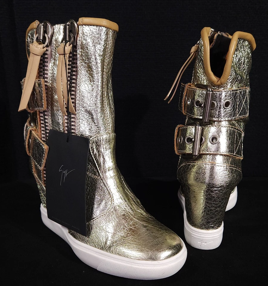 Giuseppe Zanotti Buckle Wedge Leather Sneaker 36 6 Gold Metallic High Top - Image 2 of 4