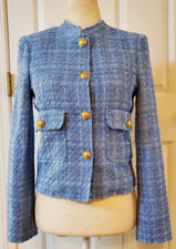 NWOT Zara Ladies Blue Cotton Blend Tweed Cropped Blazer Jacket Gold buttons XS