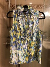 100 Silk Boho Floral Blouse Sleeveless With Ruffled Collar New Without Tag
