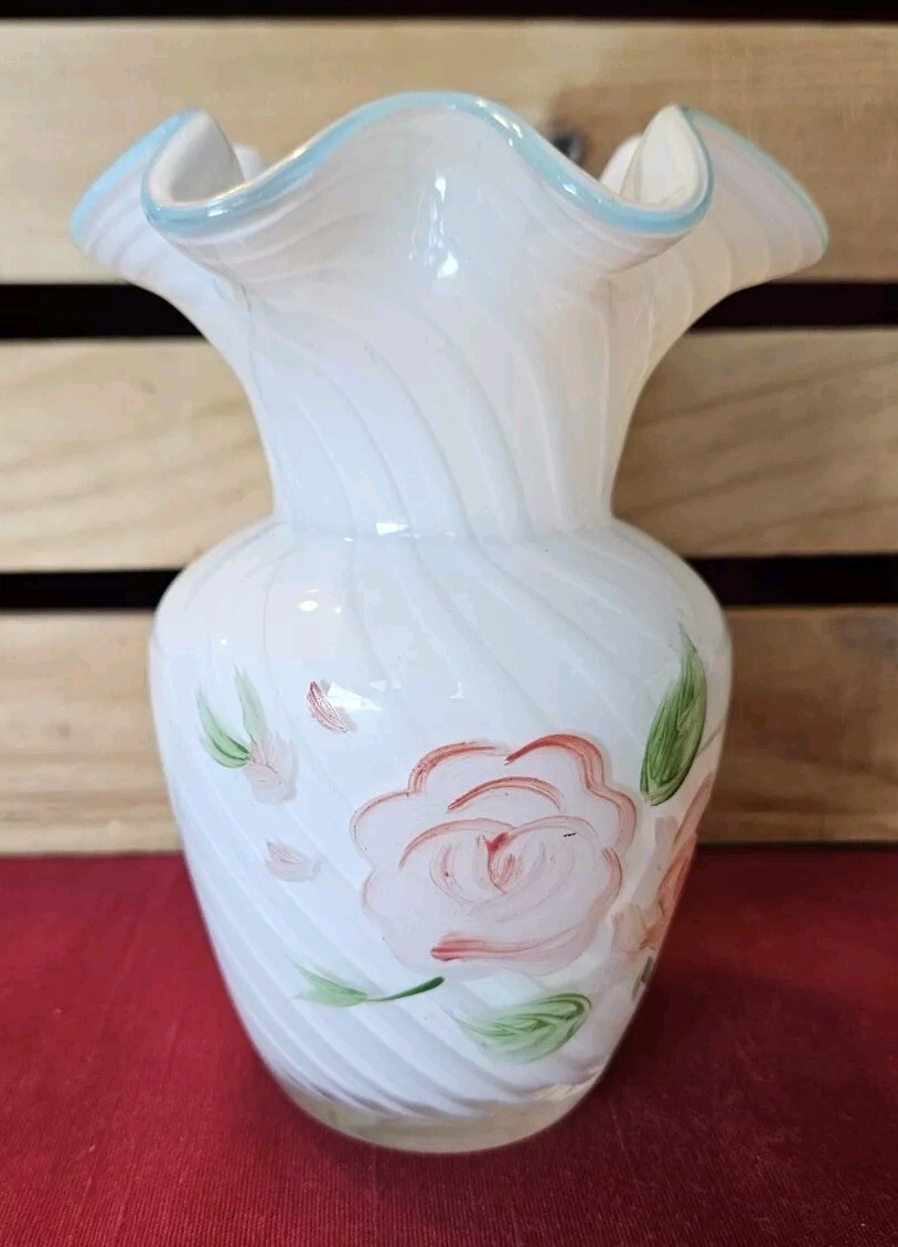 Fenton For Teleflora Ruffle Top Hand Painted Floral Rose Hand Blown Vase
