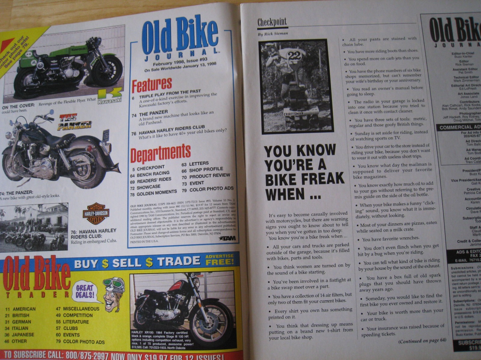 OLD BIKE JOURNAL MAGAZINE FEB 1998 HOGS IN CUBA MONOTRAK KAWASAKI