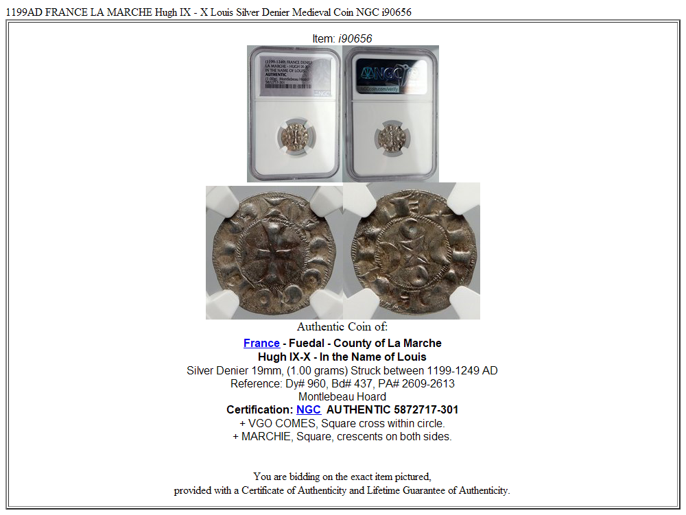 1199AD FRANCE LA MARCHE Hugh IX - X Louis Silver Denier Medieval