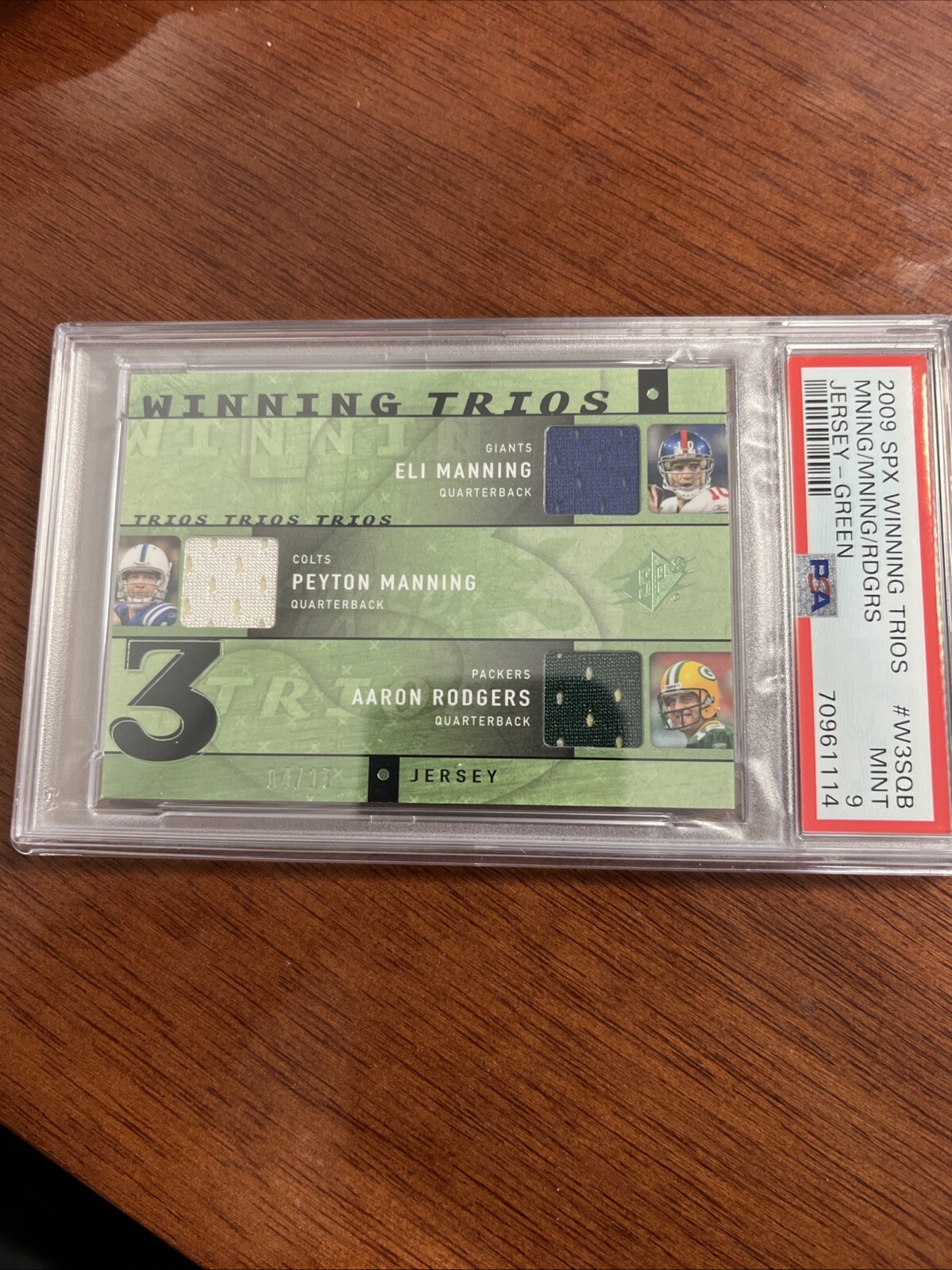2009 SPX Winning Trios Manning/Manning/ Rodgers Game Worn Patches /15 Psa 9 view 1