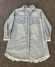 Zilcremo Womens Small Shirt Dress Blue Chambray Button Front Frayed Hem