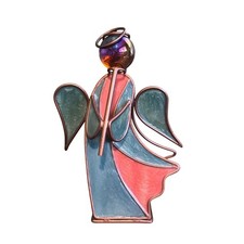 Stained Glass Angel Figurine Copper Wire Tea Light Candle Holder Iridescent Orb