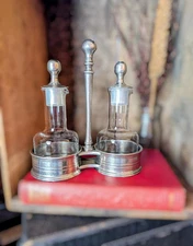 Vintage Oil and Vinegar Cruet, Glass and Pewter Serving Set