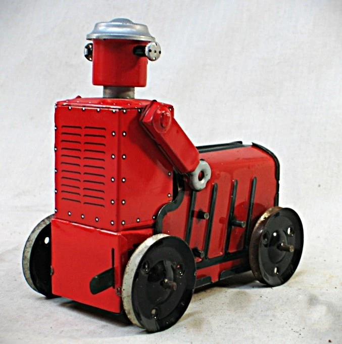 Custom Vintage Tin Wind Up Toy Tractor with Robot - Image 4 of 4