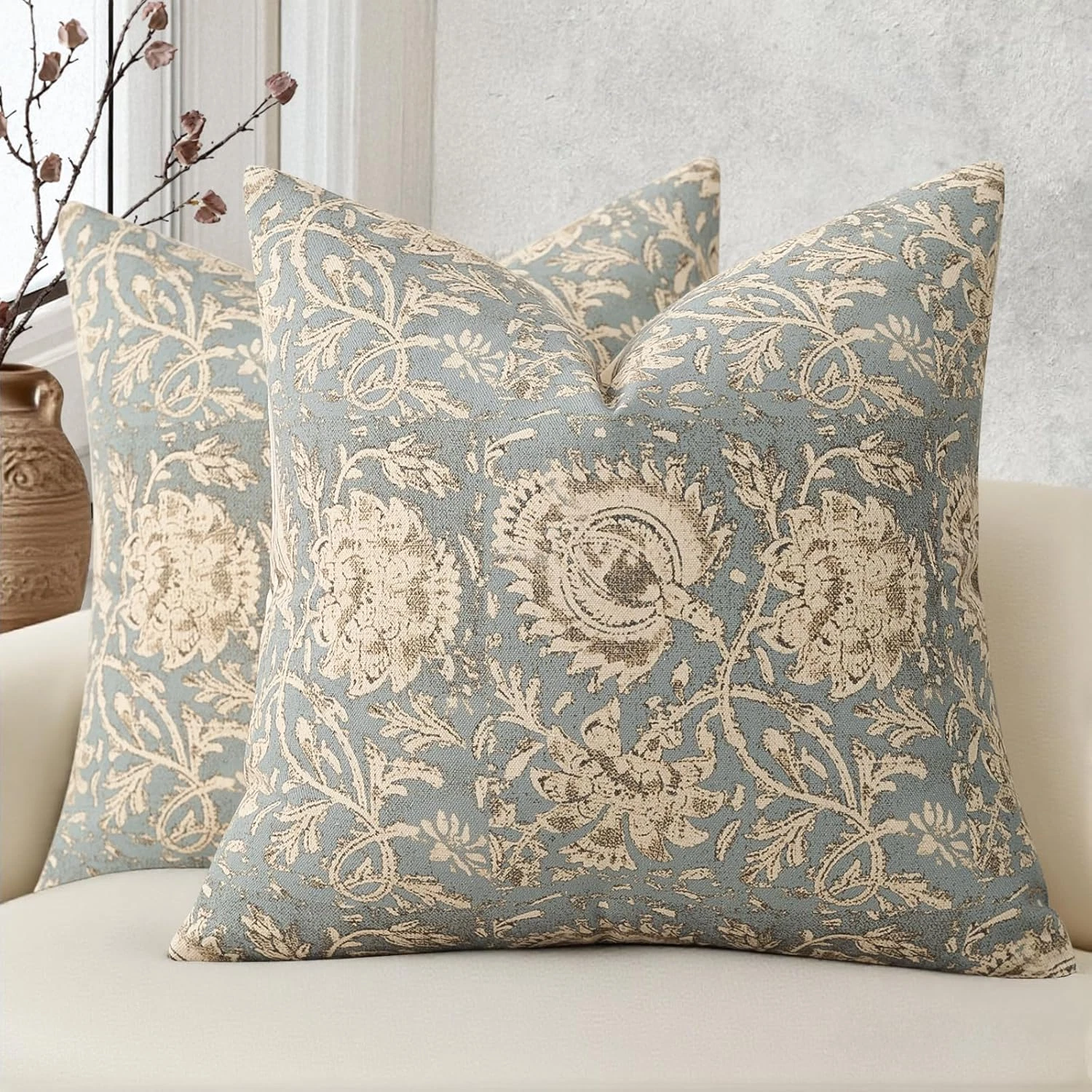 Vintage Floral Print Throw Pillow Covers 22x22 Set of 2 Neutral Modern Farmhouse